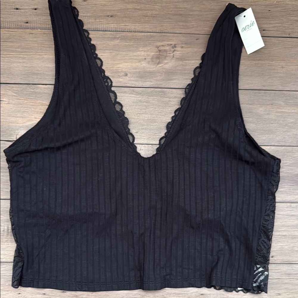 Aerie Black Ribbed Lace V-Neck Top